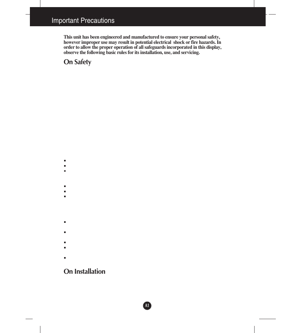 Important precautions, On safety, On installation | LG W1953T-PF User Manual | Page 2 / 26
