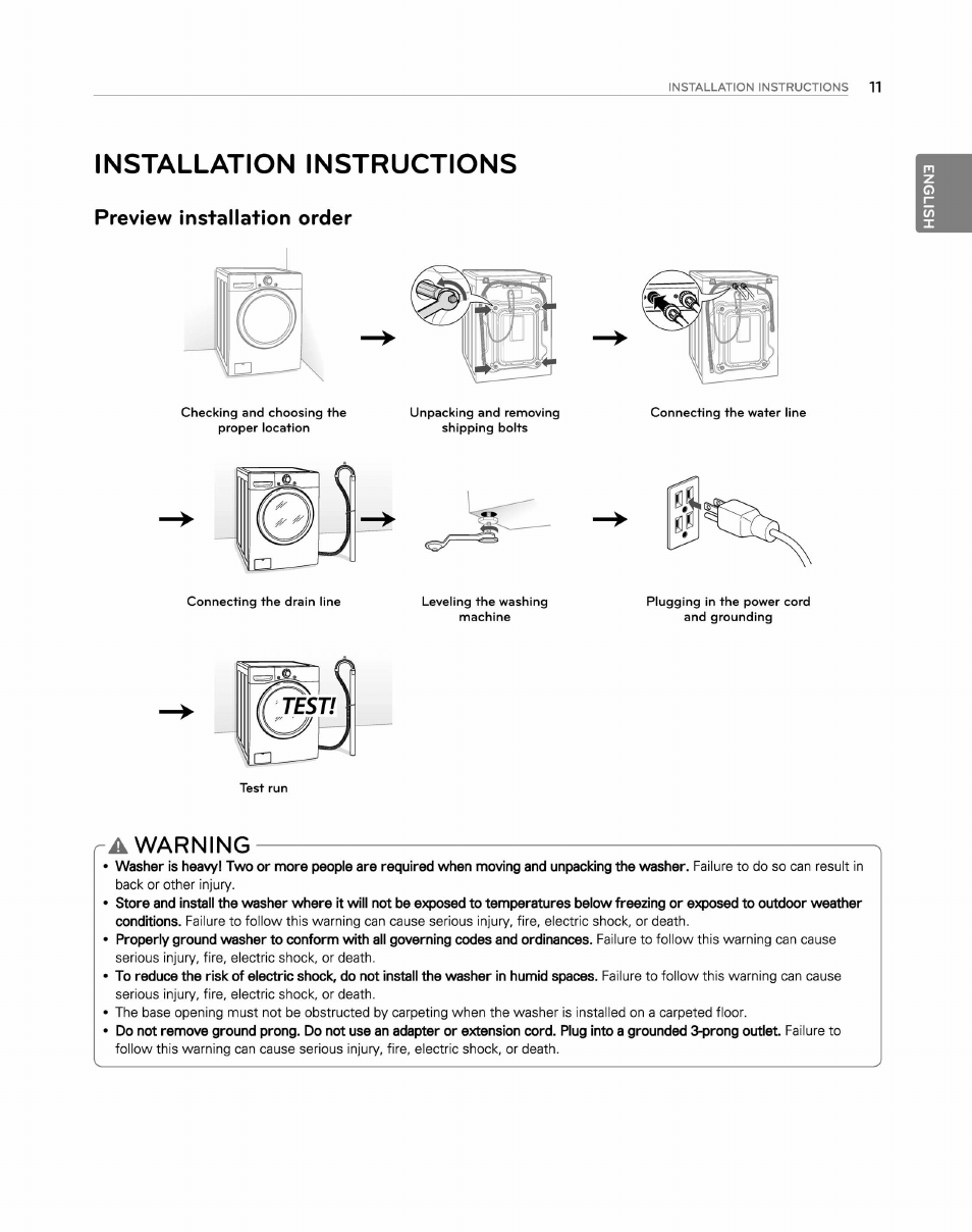 Installation instructions, Preview installation order, A warning | Warning | LG WM2250CW User Manual | Page 12 / 81