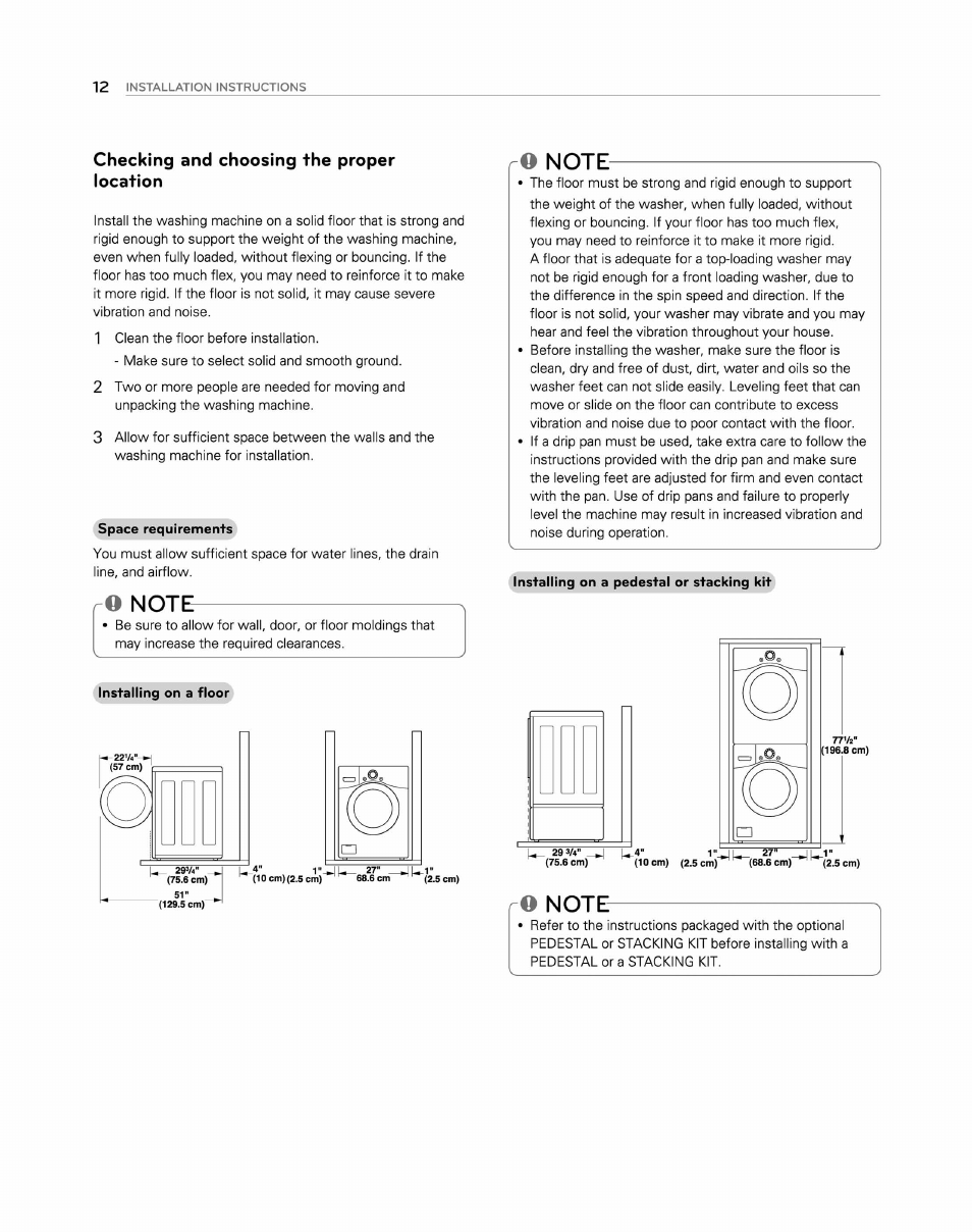 Checking and choosing the proper location, O note | LG WM2250CW User Manual | Page 13 / 81