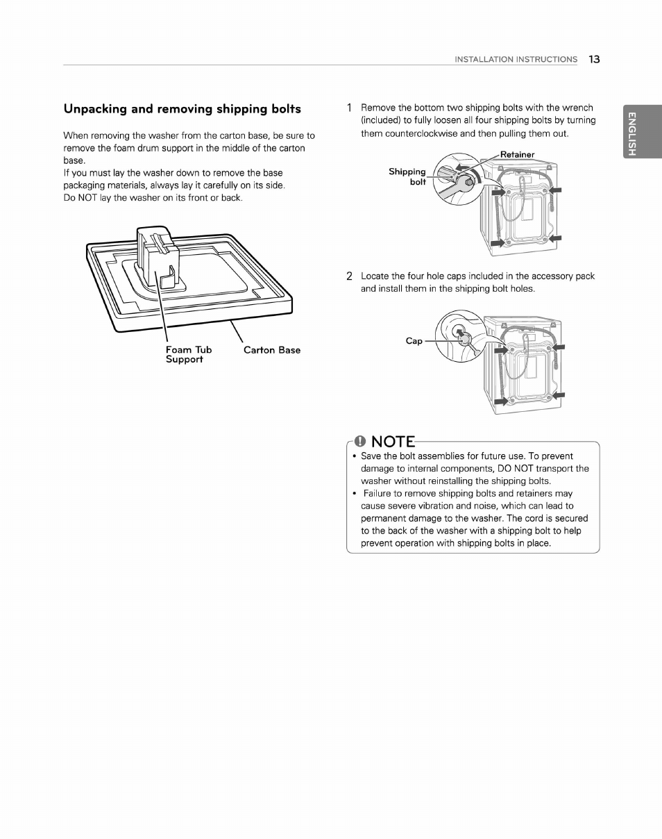 Unpacking and removing shipping bolts, O note | LG WM2250CW User Manual | Page 14 / 81