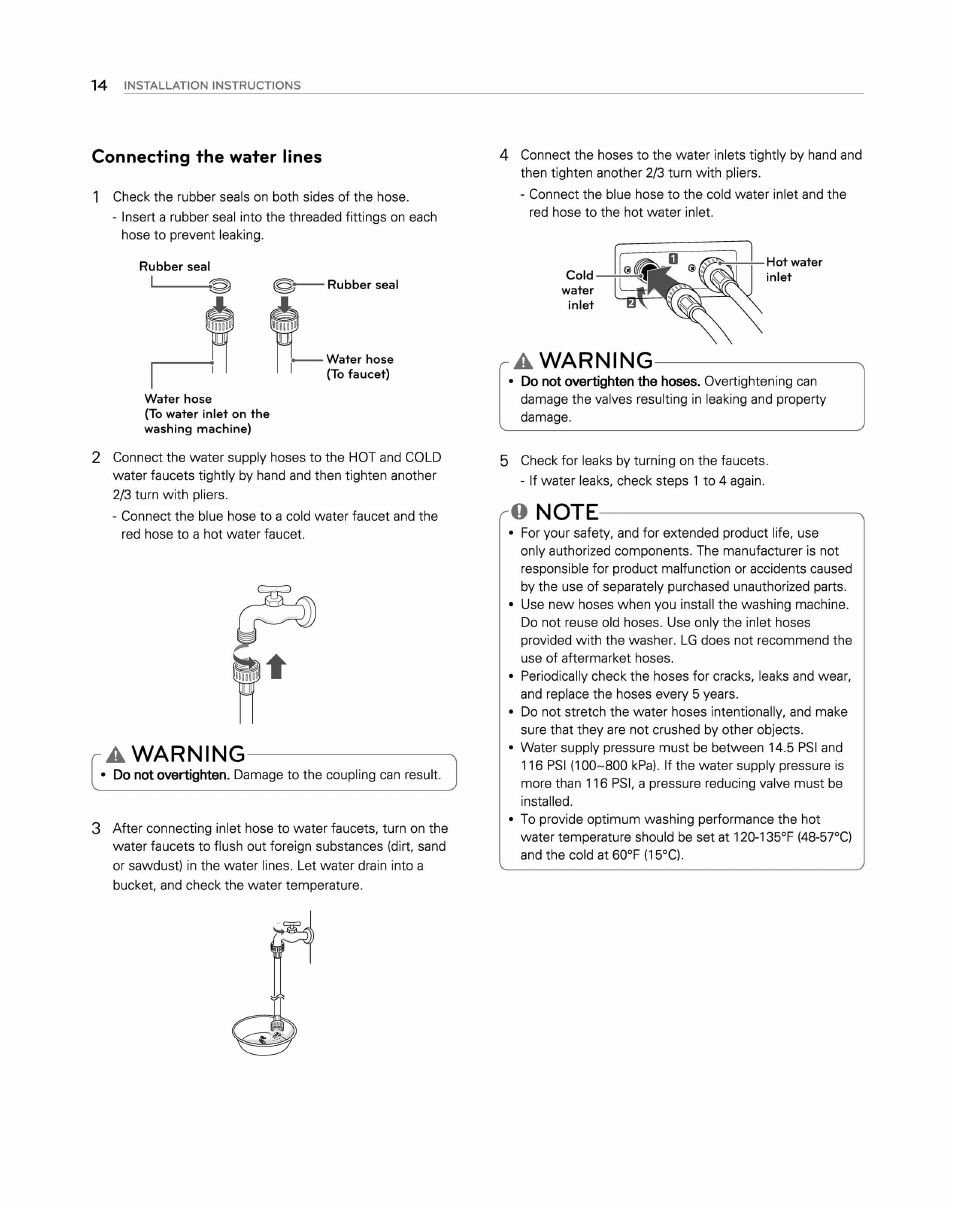 Connecting the water lines, A warning | LG WM2250CW User Manual | Page 15 / 81