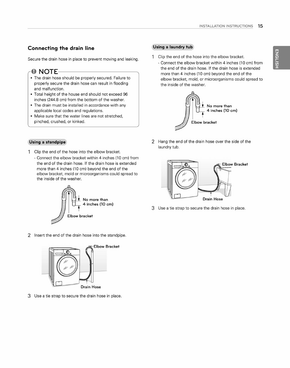 Connecting the drain line, O note | LG WM2250CW User Manual | Page 16 / 81