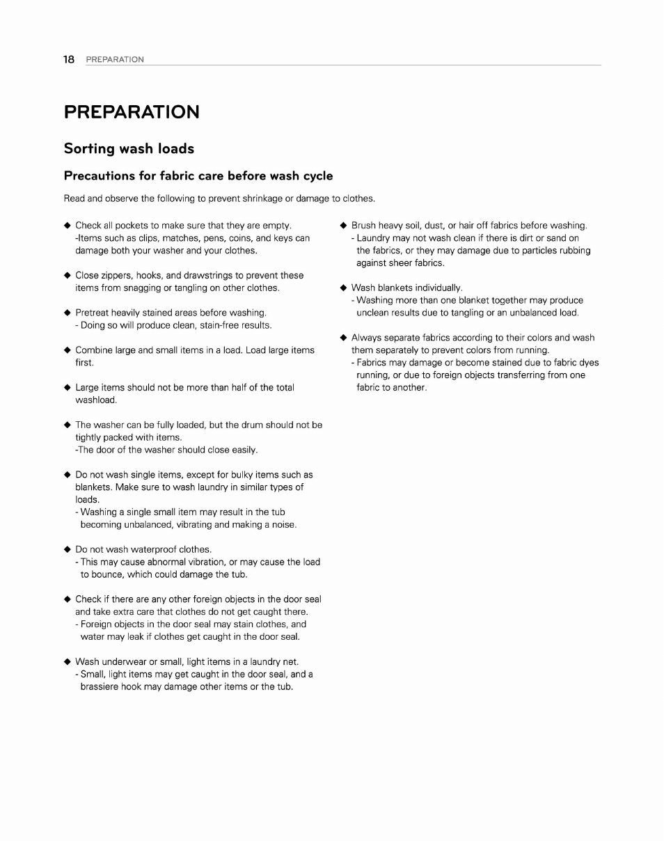 Preparation, Precautions for fabric care before wash cycle, Sorting wash loads | LG WM2250CW User Manual | Page 19 / 81