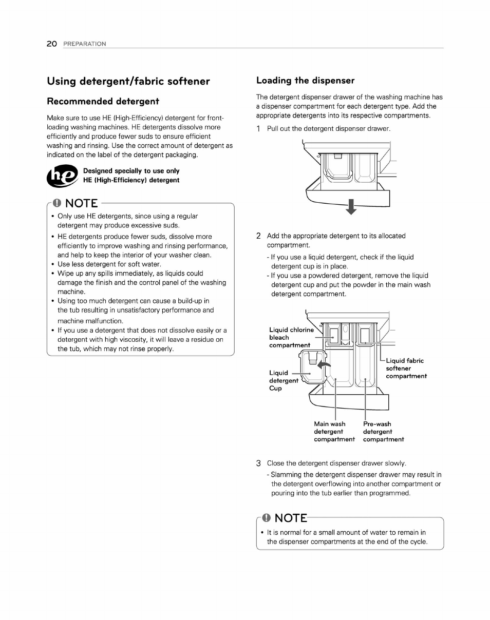 Recommended detergent, Loading the dispenser, Using detergent/fabric softener | LG WM2250CW User Manual | Page 21 / 81