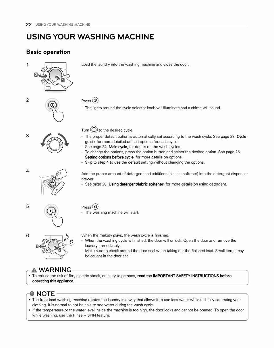 Using your washing machine, A warning, O note | Basic operation, Warning | LG WM2250CW User Manual | Page 23 / 81