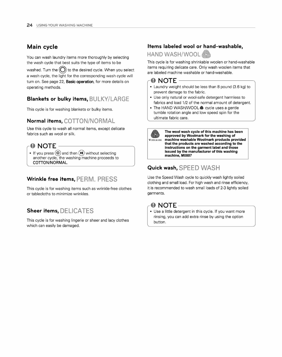Blankets or bulky itemsj bulky/large, Normal items, cotton/normal, O note | Wrinkle free items, perm. press, Items labeled wool or hand-washable, О note, Quick wash, speed wash, Sheer items, delicates, Main cycle, Perm. press | LG WM2250CW User Manual | Page 25 / 81