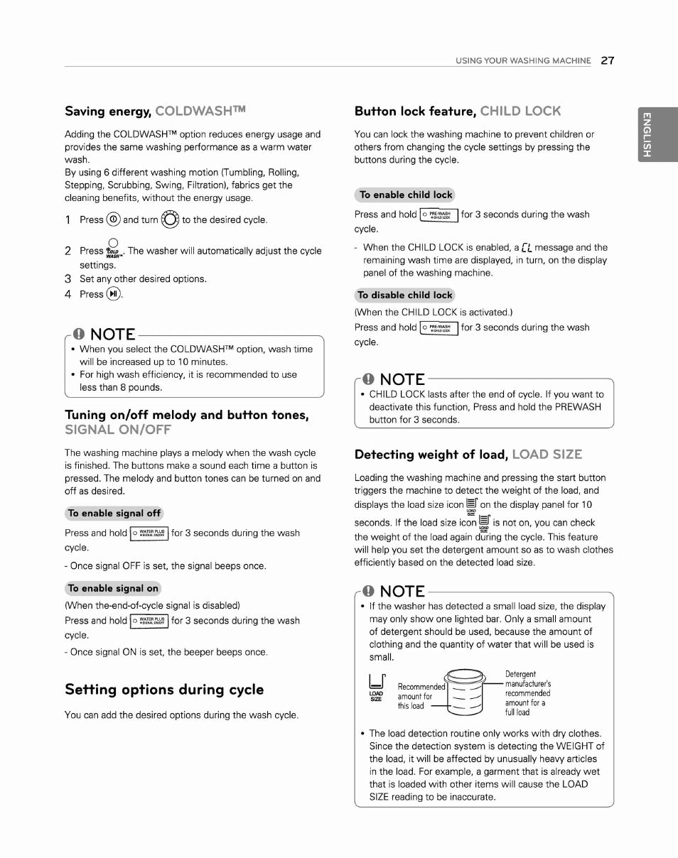 Saving energy, coldwash, Button lock feature, child lock, Detecting weight of load, load size | Setting options during cycle | LG WM2250CW User Manual | Page 28 / 81