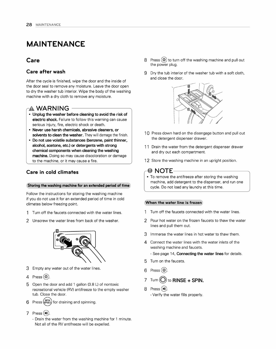 Maintenance, Care, Care after wash | A warning, Care in cold climates, O note, 7 turn to rinse + spin, Warning | LG WM2250CW User Manual | Page 29 / 81