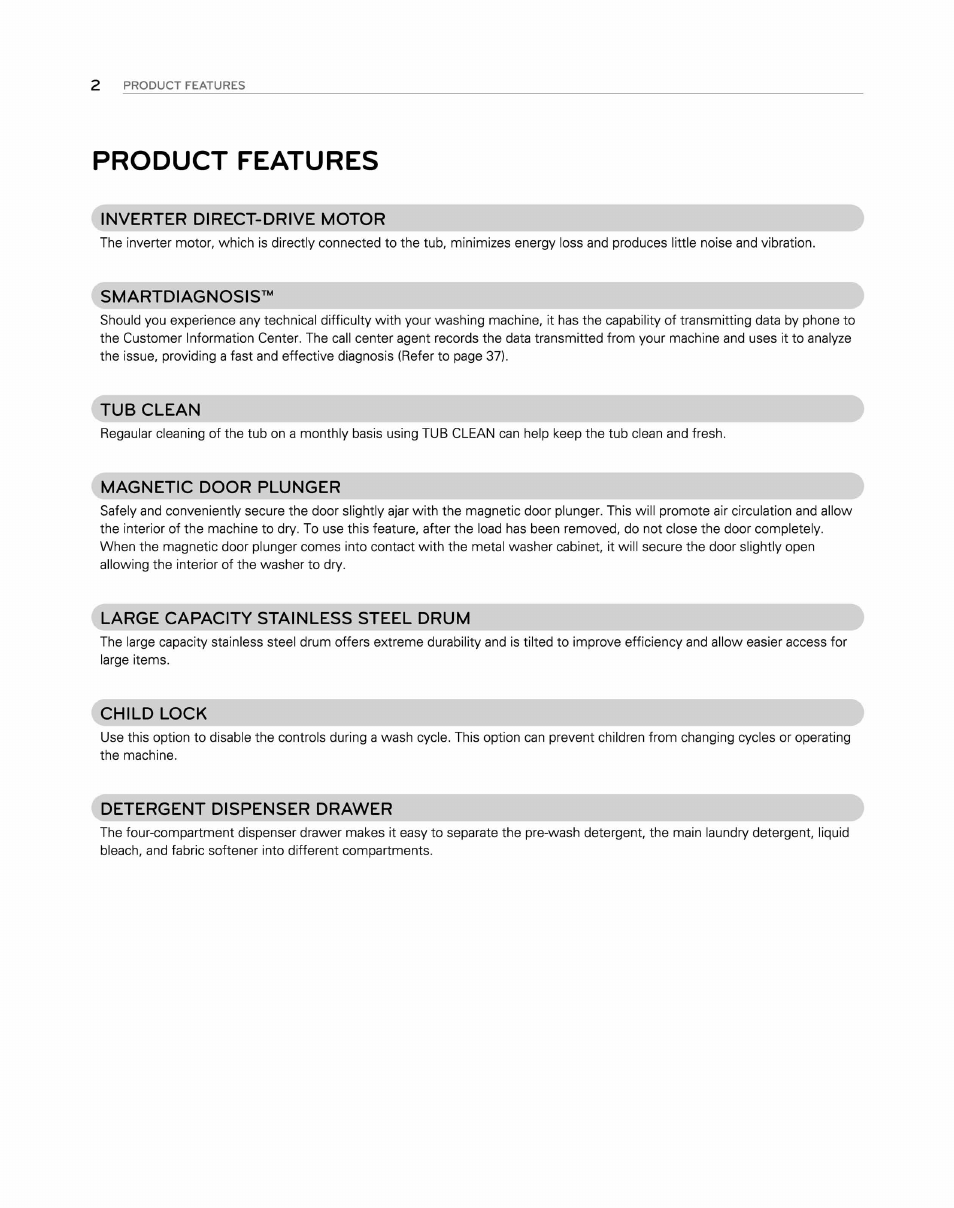 Product features, Inverter direct-drive motor, Smartdiagnosis | Tub clean, Magnetic door plunger, Large capacity stainless steel drum, Child lock, Detergent dispenser drawer | LG WM2250CW User Manual | Page 3 / 81