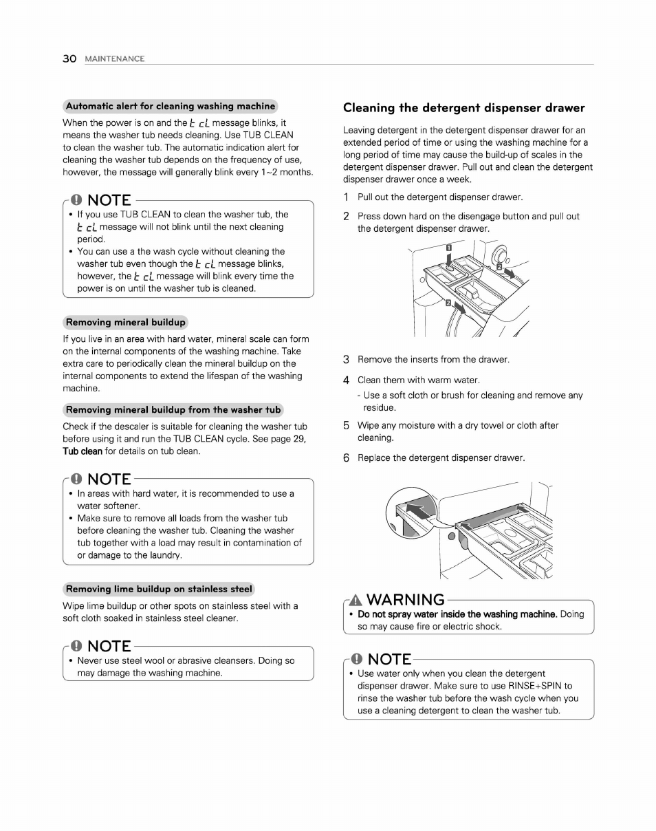 O note, О note, Cleaning the detergent dispenser drawer | A warning, Warning | LG WM2250CW User Manual | Page 31 / 81