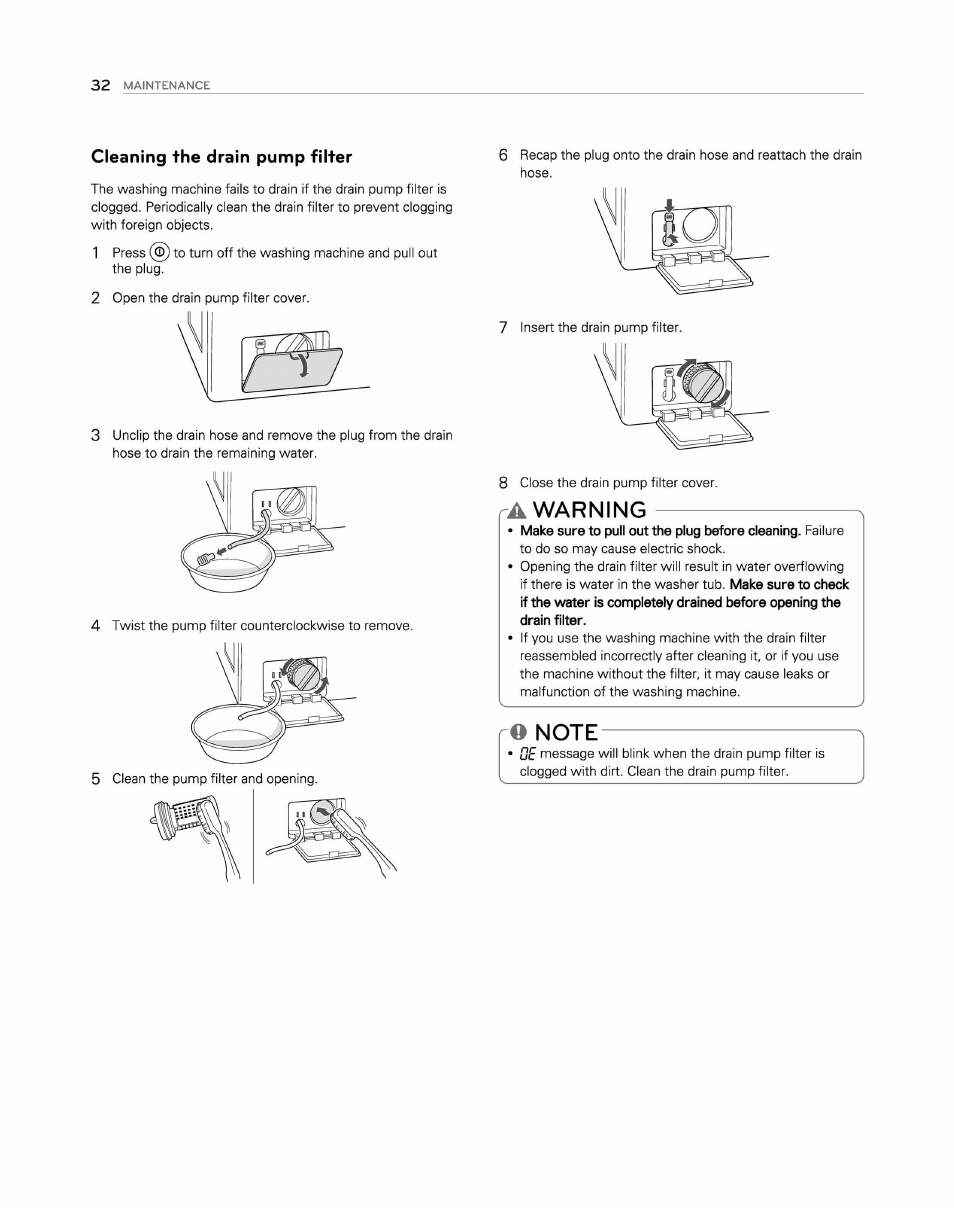 Cleaning the drain pump filter, A warning, O note | Warning | LG WM2250CW User Manual | Page 33 / 81