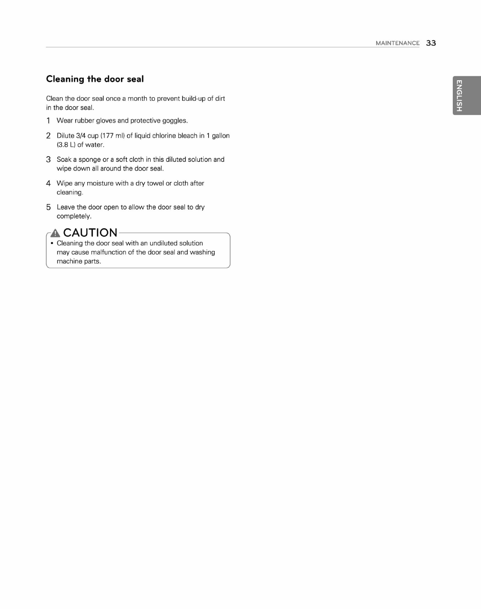 Cleaning the door seal, A caution, Caution | LG WM2250CW User Manual | Page 34 / 81