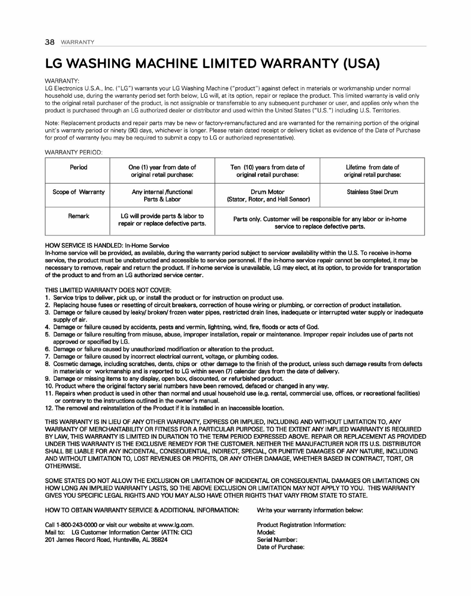 Lg washing machine limited warranty (usa) | LG WM2250CW User Manual | Page 39 / 81
