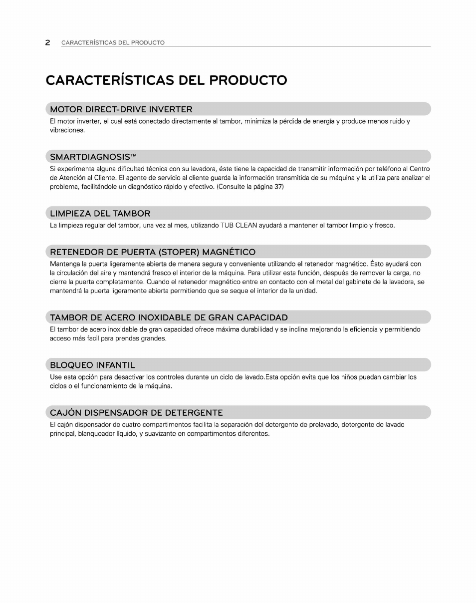 Caracteristicas del producto, Motor direct-drive inverter, Smartdiagnosis | Limpieza del tambor, Retenedor de puerta (stoper) magnético, Tambor de acero inoxidable de gran capacidad, Bloqueo infantil, Cajon dispensador de detergente | LG WM2250CW User Manual | Page 43 / 81