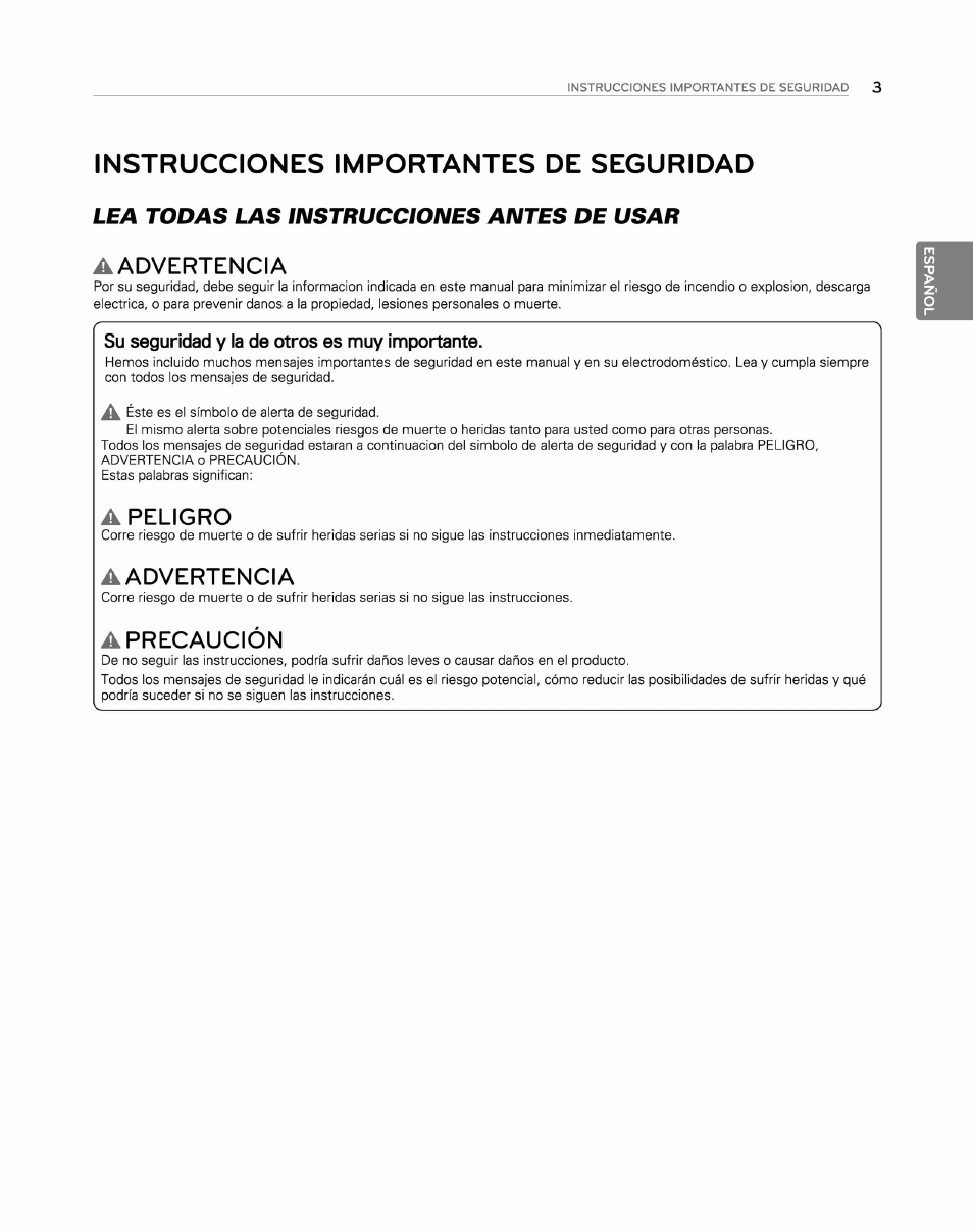 Instrucciones importantes de seguridad, Lea todas las instrucciones antes de usar, A advertencia | Su seguridad y la de otros es muy importante, Apeligro, Aadvertencia, A precaución | LG WM2250CW User Manual | Page 44 / 81