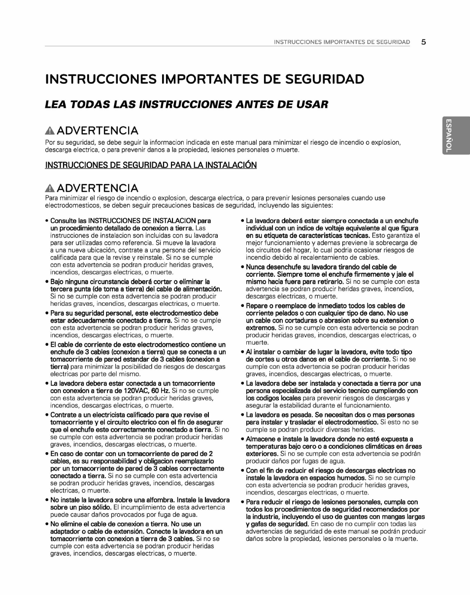 Instrucciones importantes de seguridad, Lea todas las instrucciones antes de usar, Aadvertencia | Instrucciones de seguridad para la instalación | LG WM2250CW User Manual | Page 46 / 81