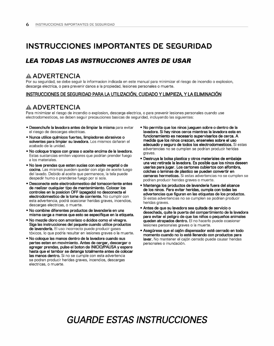 Instrucciones importantes de seguridad, Lea todas las instrucciones antes de usar, A advertencia | Guarde estas instrucciones | LG WM2250CW User Manual | Page 47 / 81