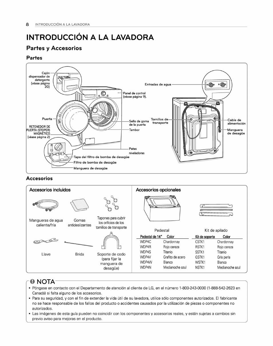 Introduccion a la lavadora, Partes y accesorios, Partes | Accesorios incluidos, Accesorios opcionales, O nota, Partes accesorios incluidos | LG WM2250CW User Manual | Page 49 / 81