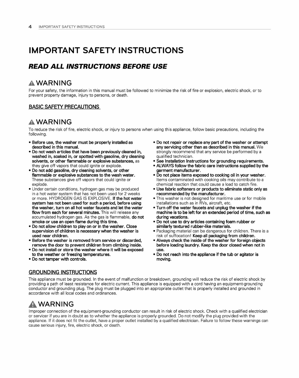 Important safety instructions, Awarning, Basic safety precautions | Grounding instructions, Read all instructions before use awarning | LG WM2250CW User Manual | Page 5 / 81
