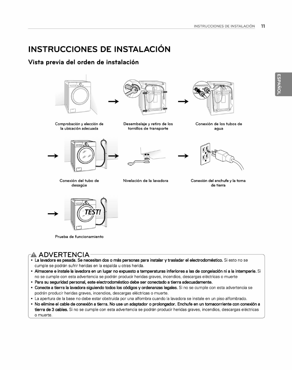 Instrucciones de instalacion, Vista previa del orden de instalación, Advertencia | LG WM2250CW User Manual | Page 52 / 81