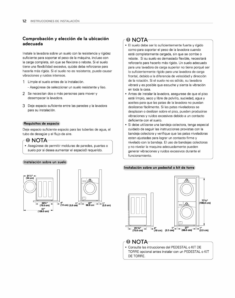 Comprobación y elección de la ubicación adecuada, O nota, O not | LG WM2250CW User Manual | Page 53 / 81