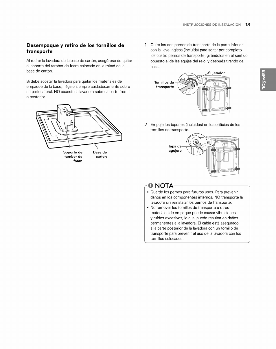 Desempaque y retiro de los tornillos de transporte, O nota | LG WM2250CW User Manual | Page 54 / 81