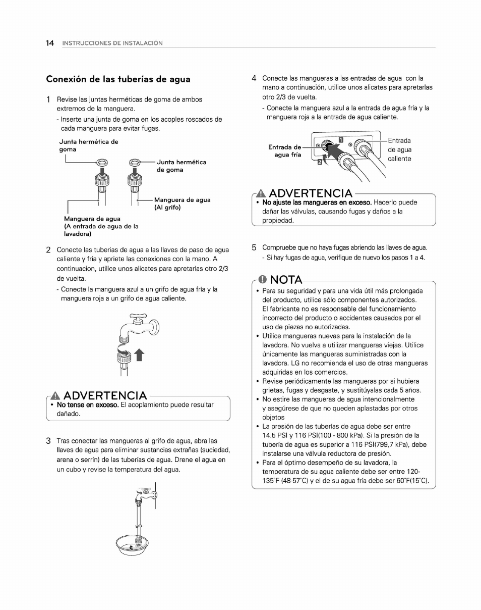Conexión de las tuberías de agua, A advertencia, O nota | Advertencia | LG WM2250CW User Manual | Page 55 / 81