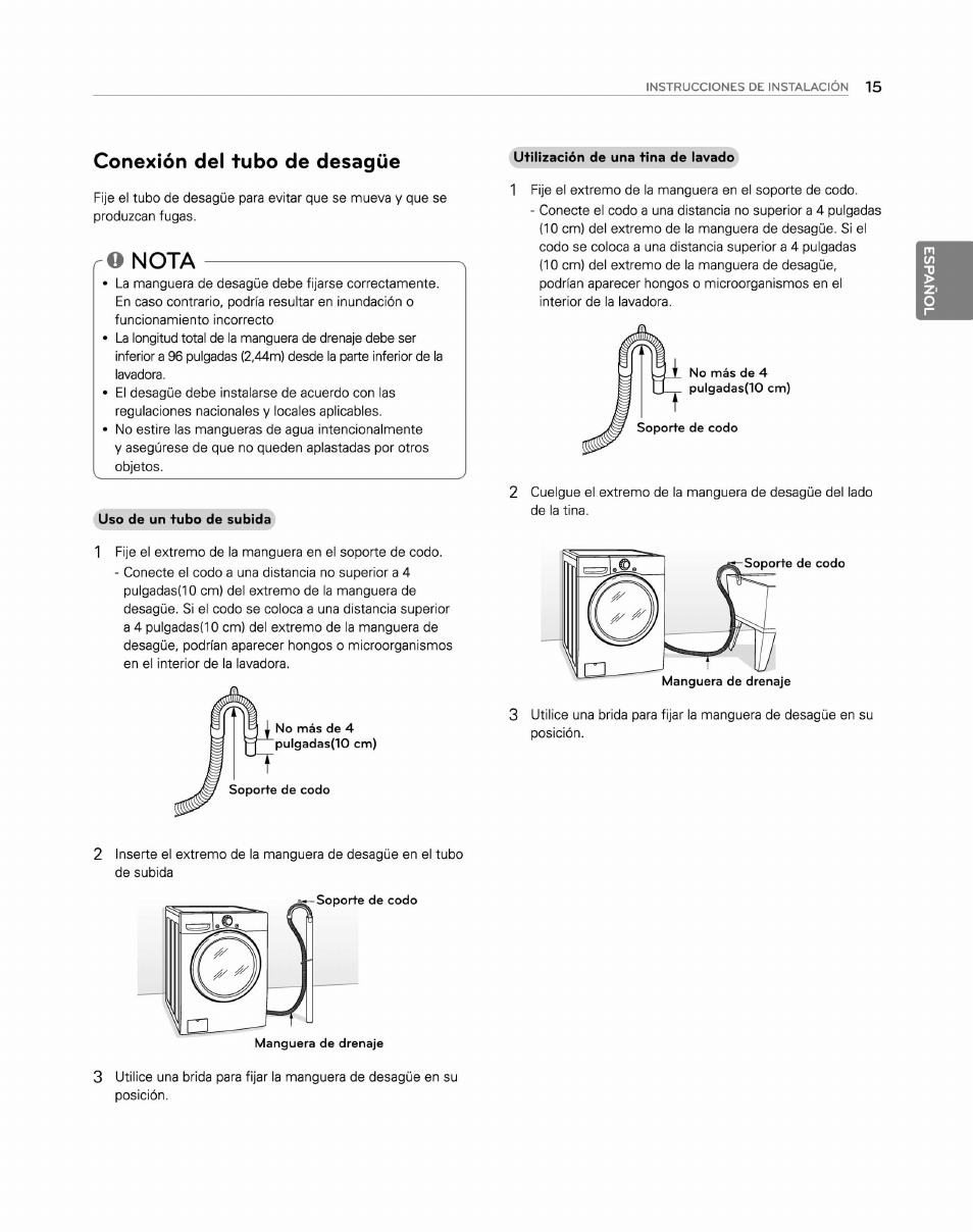 Conexión del tubo de desagüe, O nota | LG WM2250CW User Manual | Page 56 / 81