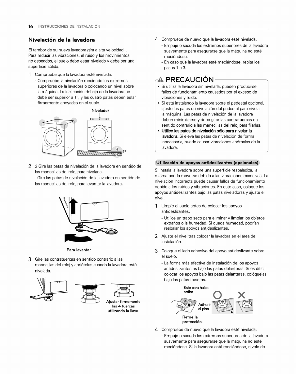 Nivelación de la lavadora, A precaución, Precaución | LG WM2250CW User Manual | Page 57 / 81