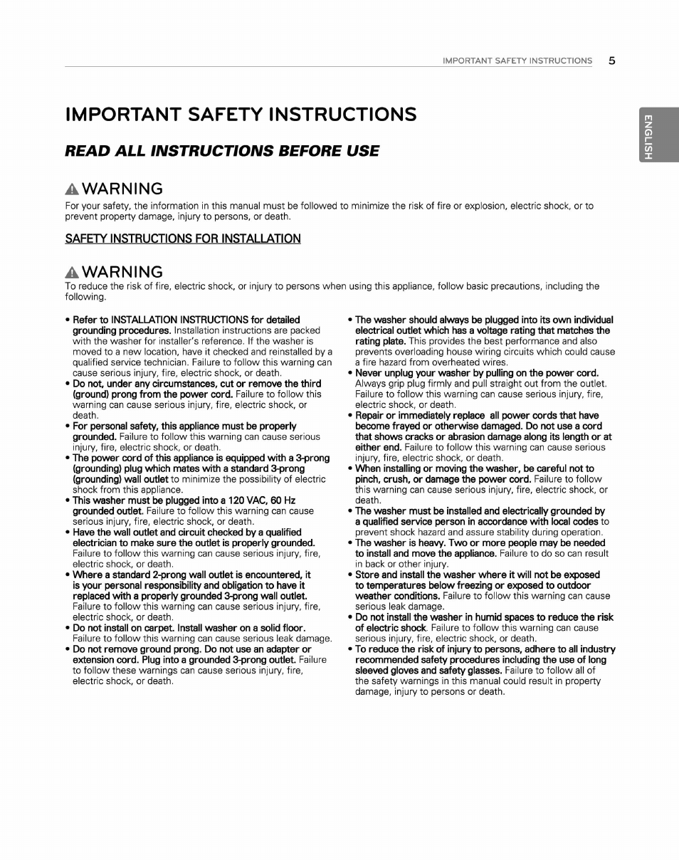 Important safety instructions, Awarning, Safety instructions for installation | Read all instructions before use awarning | LG WM2250CW User Manual | Page 6 / 81
