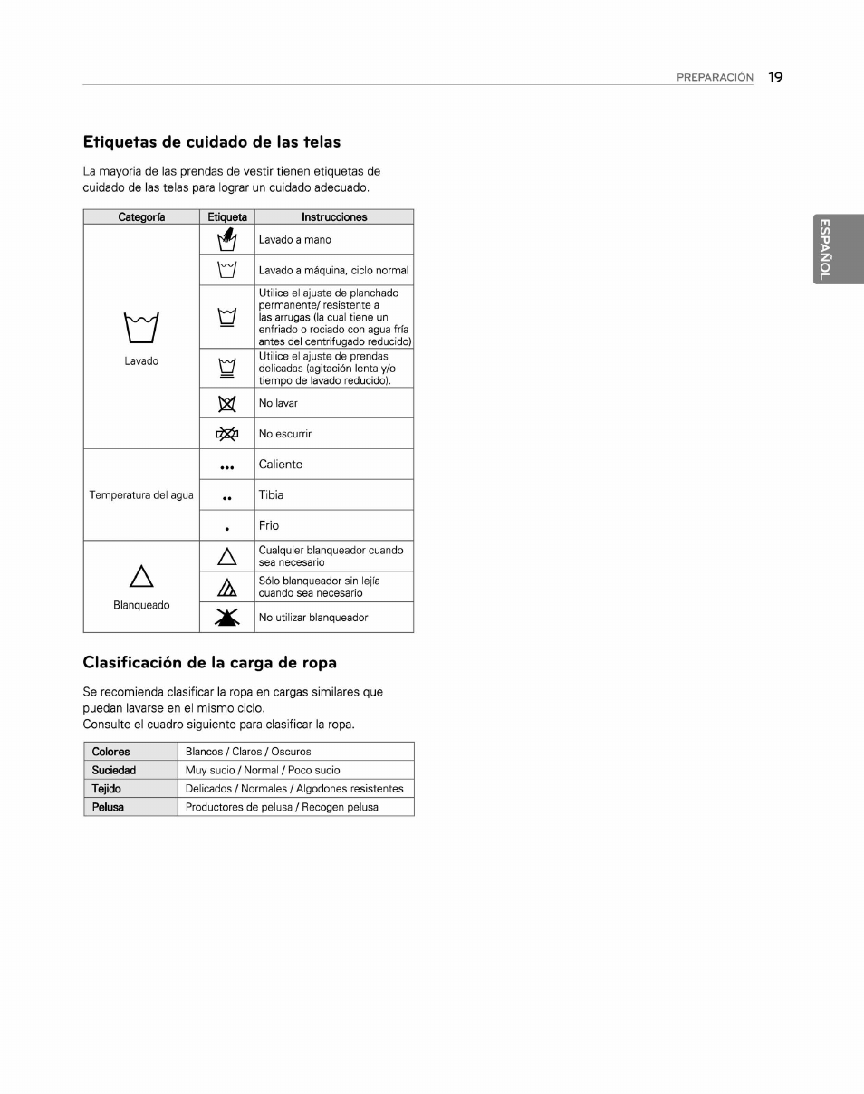 Etiquetas de cuidado de las telas, Clasificación de la carga de ropa | LG WM2250CW User Manual | Page 60 / 81