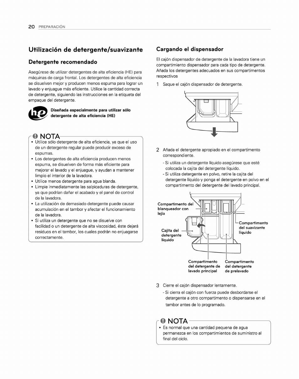 O nota, Cargando el dispensador, Utilización de detergente/suavizante | LG WM2250CW User Manual | Page 61 / 81
