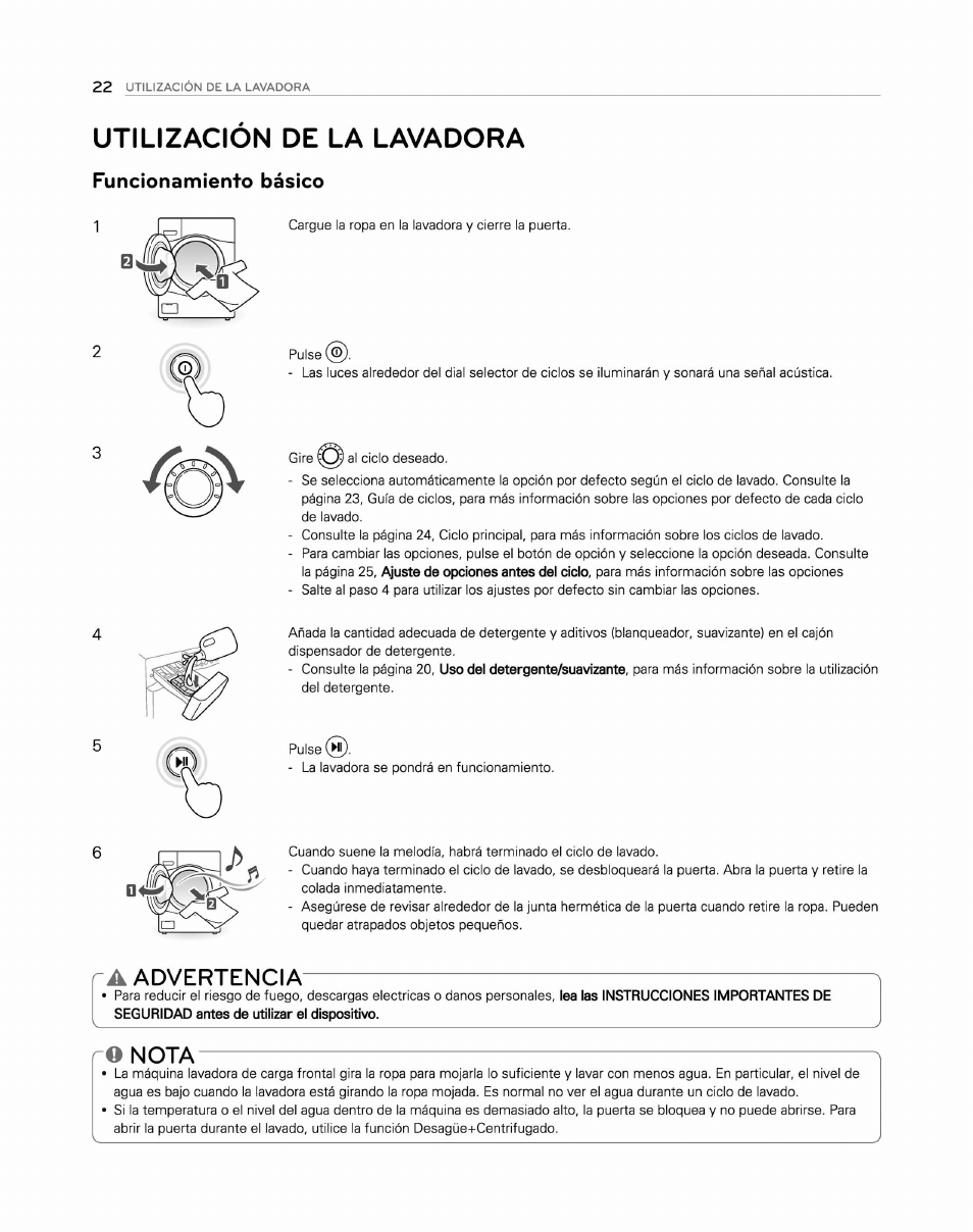 Utilizacion de la lavadora, A advertencia, O nota | Funcionamiento básico, Advertencia | LG WM2250CW User Manual | Page 63 / 81