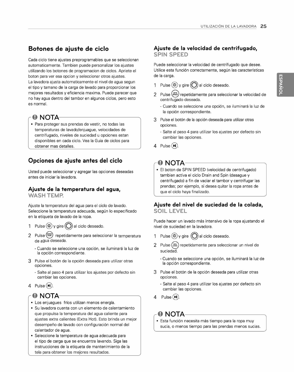 Botones de ajuste de ciclo, O nota, Ajuste de la velocidad de centrifugado, spin speed | Opciones de ajuste antes del ciclo, Ajuste de la temperatura del agua, washtemr, Nota | LG WM2250CW User Manual | Page 66 / 81