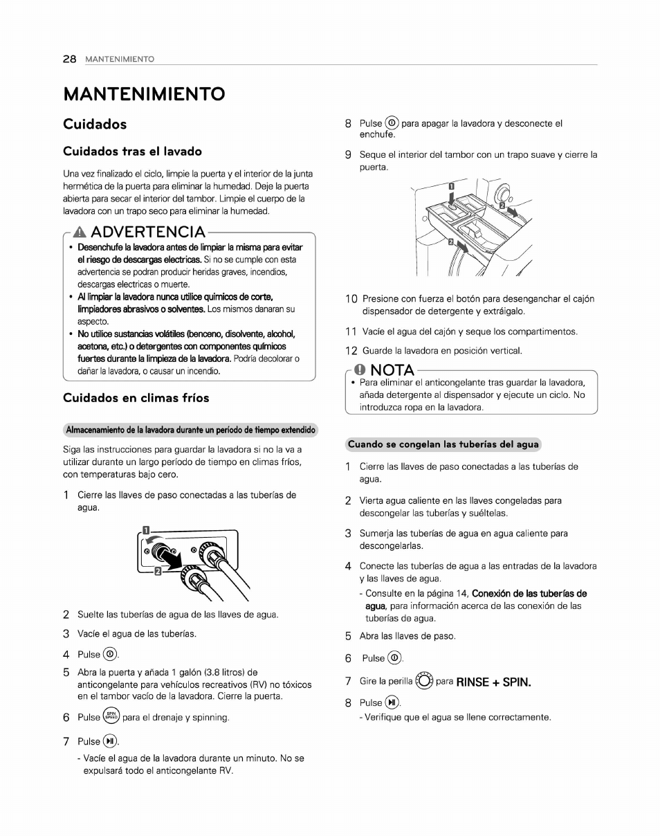 Mantenimiento, Cuidados, Cuidados tras el lavado | A advertencia, Cuidados en climas fríos, O nota, Advertencia | LG WM2250CW User Manual | Page 69 / 81