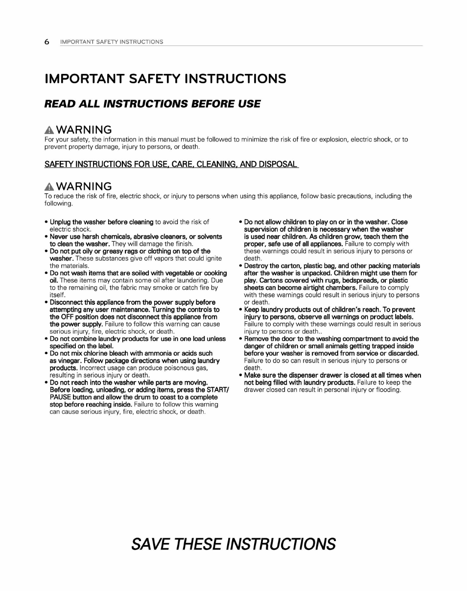 Important safety instructions, A warning, Save these instructions | Read all instructions before use, Warning | LG WM2250CW User Manual | Page 7 / 81
