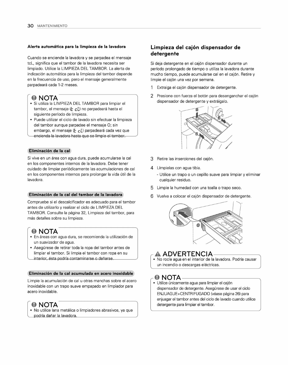 O nota, Limpieza del cajón dispensador de detergente, A advertencia | Advertencia, Nota | LG WM2250CW User Manual | Page 71 / 81