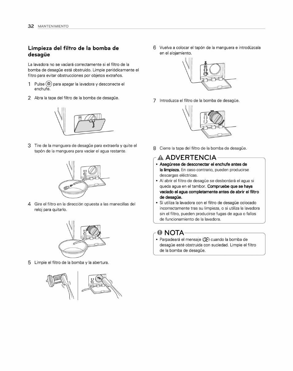 Limpieza del filtro de la bomba de desagüe, A advertencia, O nota | Advertencia | LG WM2250CW User Manual | Page 73 / 81