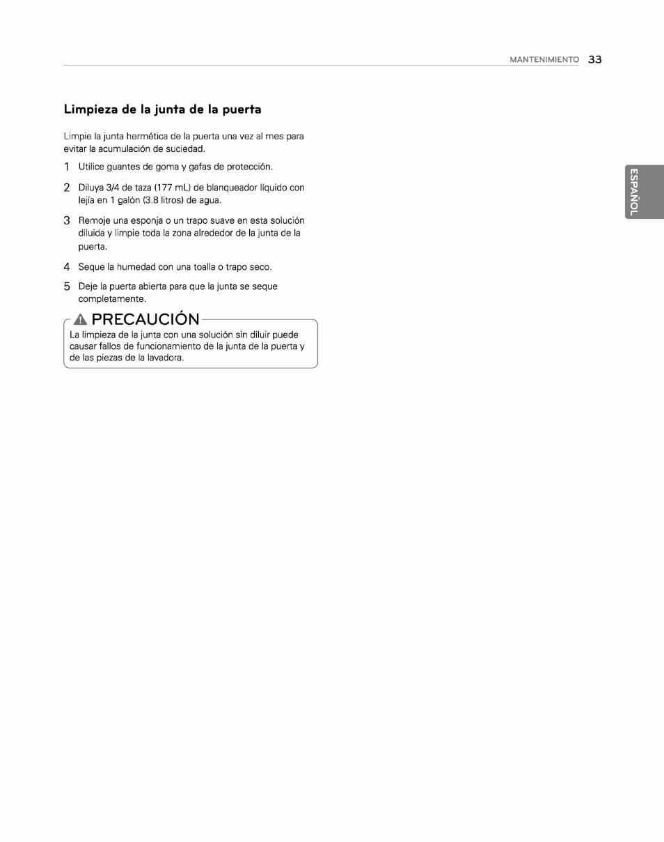 Limpieza de la junta de la puerta, A precaución, Precaución | LG WM2250CW User Manual | Page 74 / 81