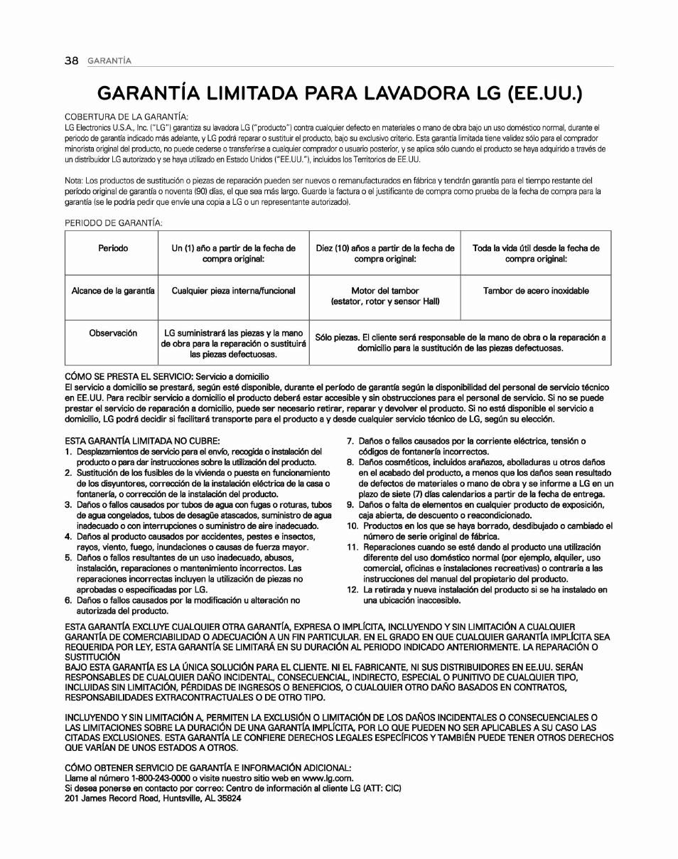 Garantía limitada para lavadora lg (ee.uu.) | LG WM2250CW User Manual | Page 79 / 81