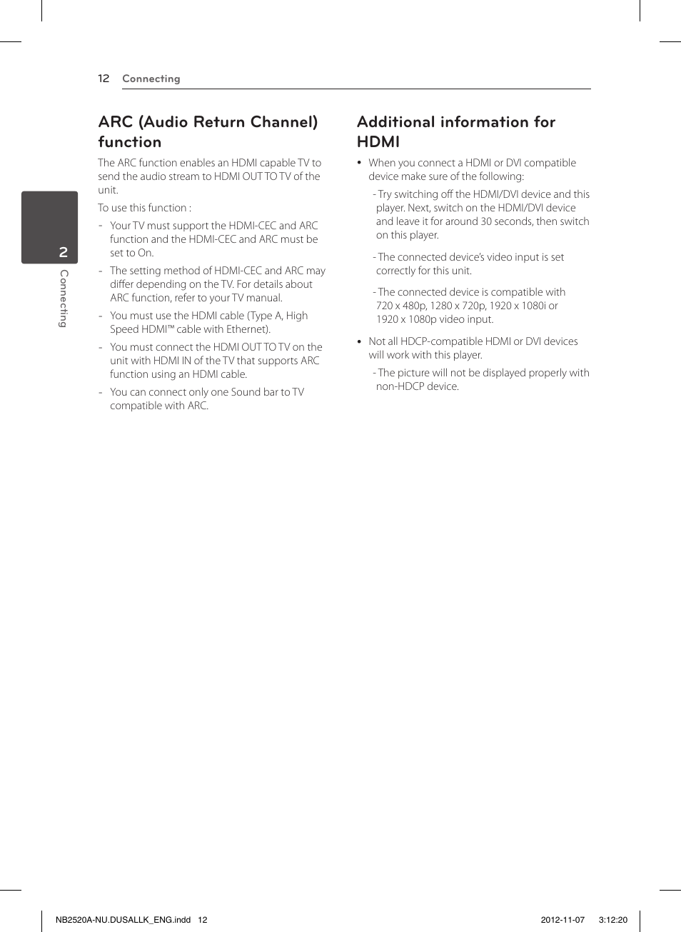 Arc (audio return channel) function, Additional information for hdmi | LG NB2520A User Manual | Page 12 / 26