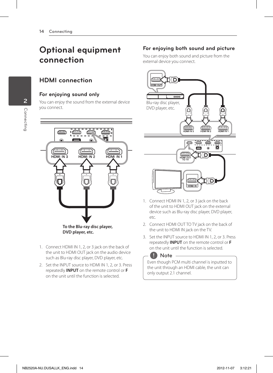 Optional equipment connection, Hdmi connection | LG NB2520A User Manual | Page 14 / 26