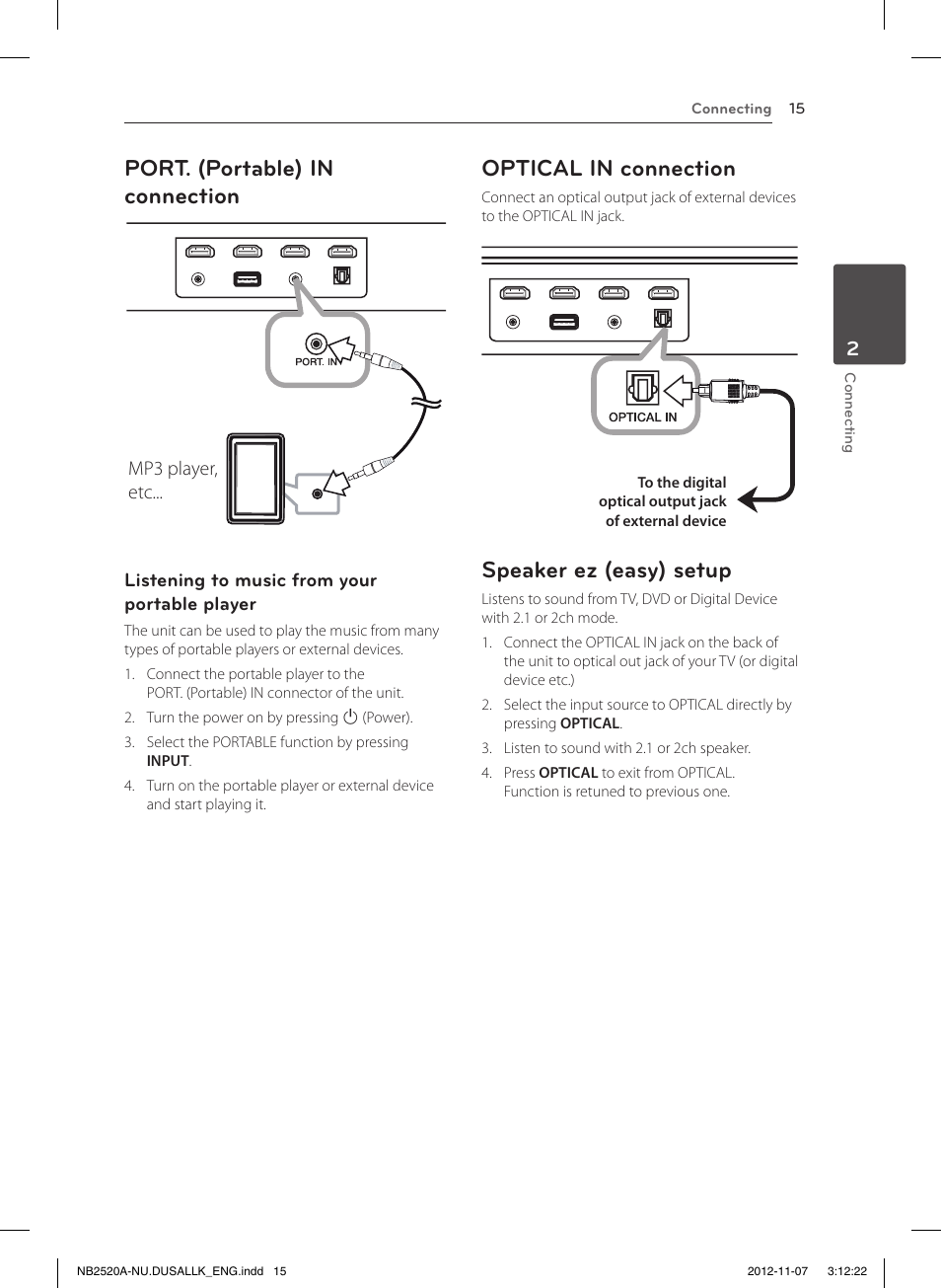 Port. (portable) in connection, Optical in connection, Speaker ez (easy) setup | LG NB2520A User Manual | Page 15 / 26