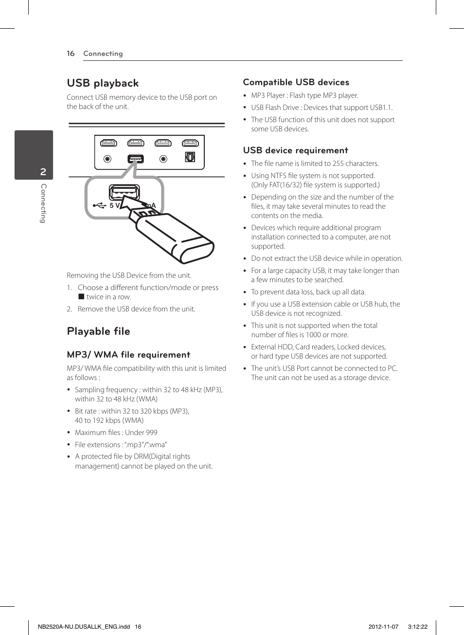 Usb playback, Playable file, Mp3/ wma file requirement | Compatible usb devices, Usb device requirement | LG NB2520A User Manual | Page 16 / 26