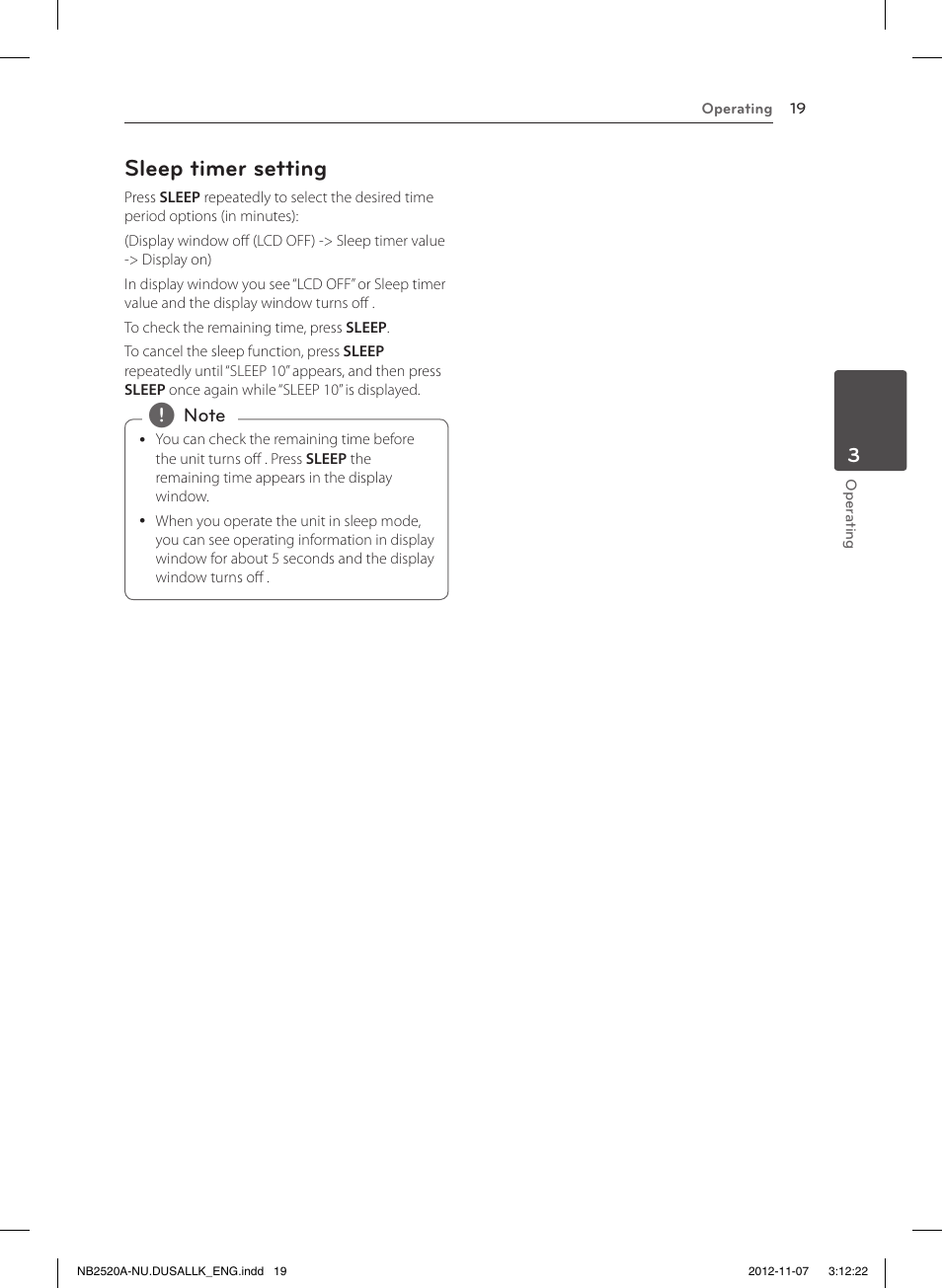 Sleep timer setting | LG NB2520A User Manual | Page 19 / 26