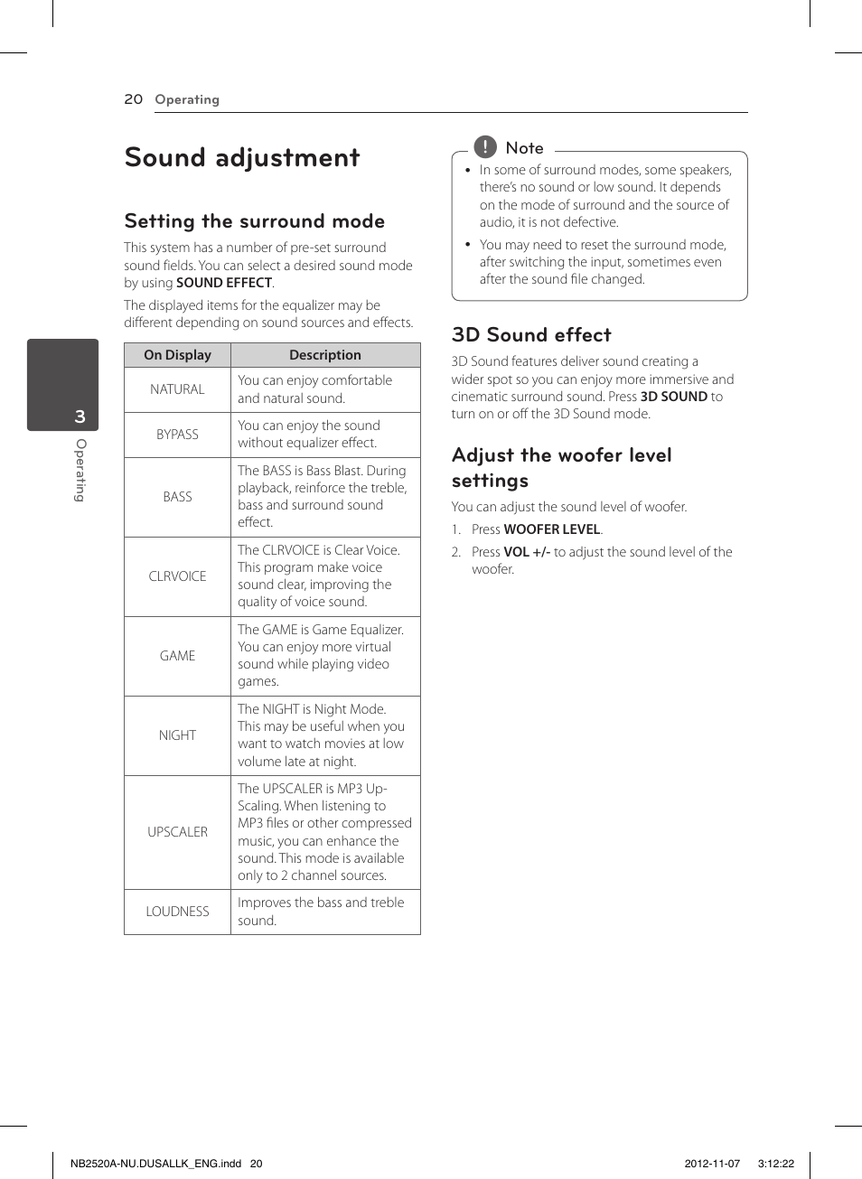 Sound adjustment, Setting the surround mode, 3d sound effect | Adjust the woofer level settings | LG NB2520A User Manual | Page 20 / 26