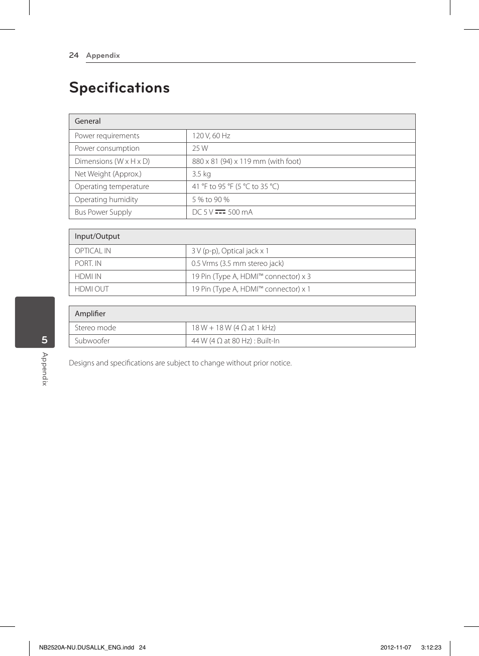 Specifications | LG NB2520A User Manual | Page 24 / 26