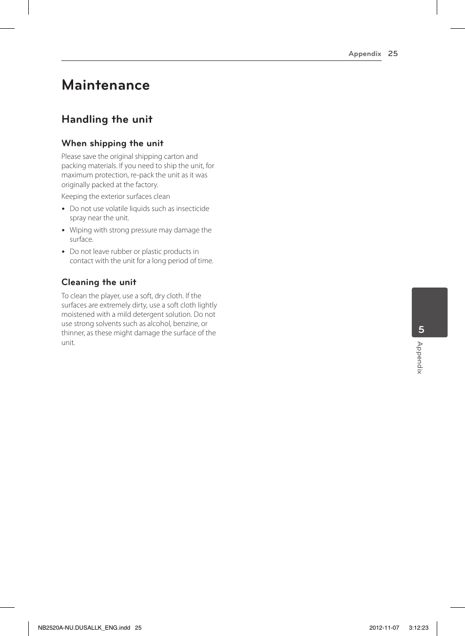 Maintenance, Handling the unit | LG NB2520A User Manual | Page 25 / 26