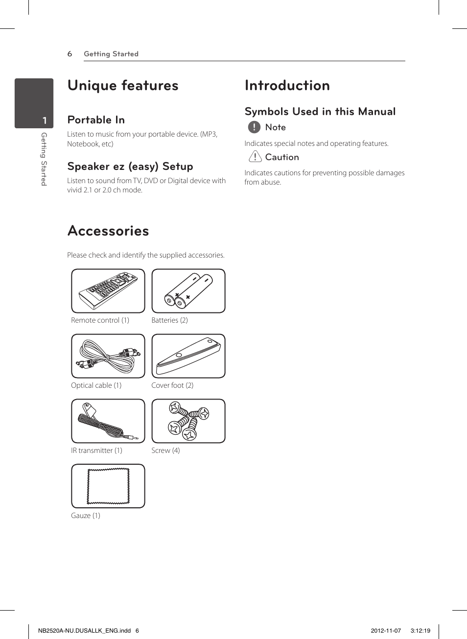 Unique features, Accessories, Introduction | Portable in, Speaker ez (easy) setup, Symbols used in this manual | LG NB2520A User Manual | Page 6 / 26