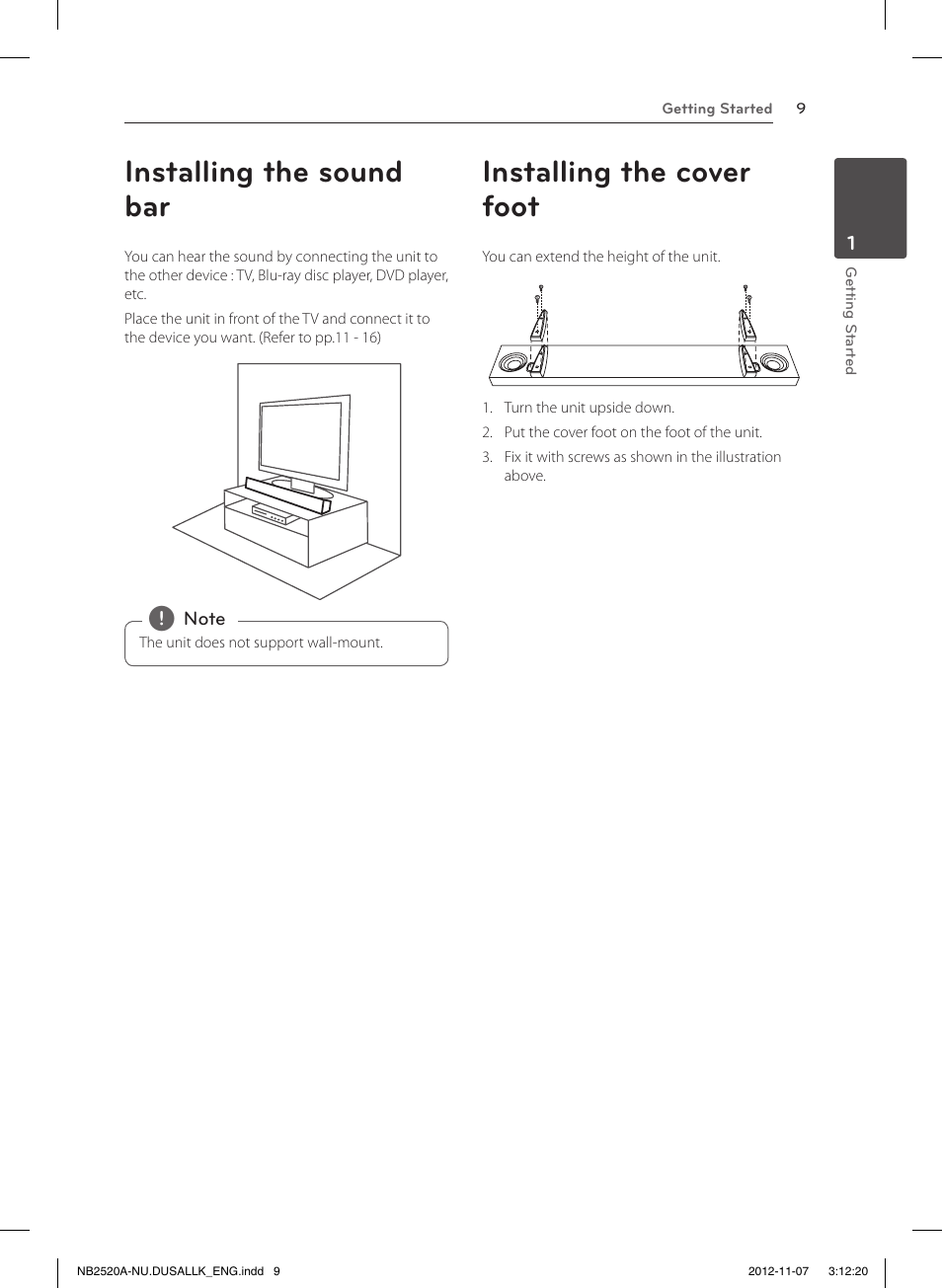 Installing the sound bar, Installing the cover foot | LG NB2520A User Manual | Page 9 / 26